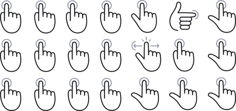 Hand gesture icons, pointing hands, cursor symbols, web interface elements, 20 gestures