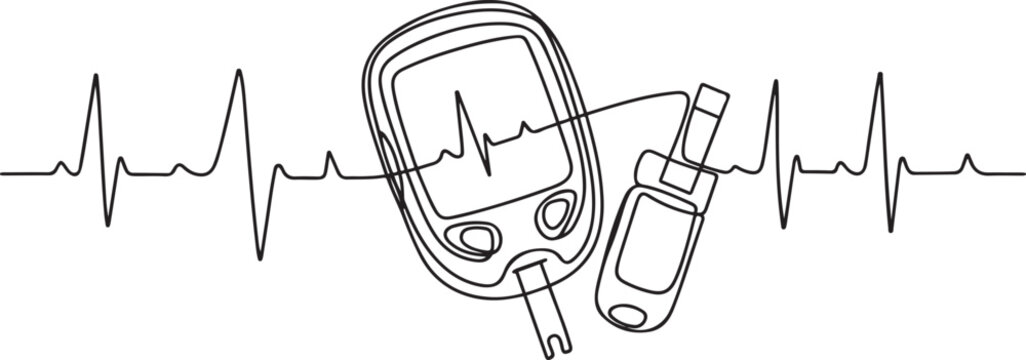 Continuous Line Art Blood Glucose Meter with EKG Wave, Glucose Monitoring Tools Line Art. one line Icon drawing