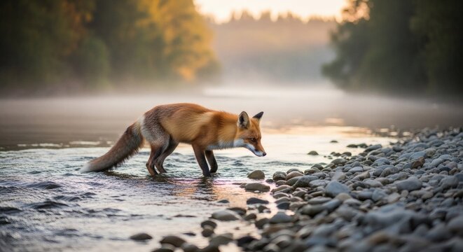 A red fox walks through a shallow river with a rocky shoreline at sunrise