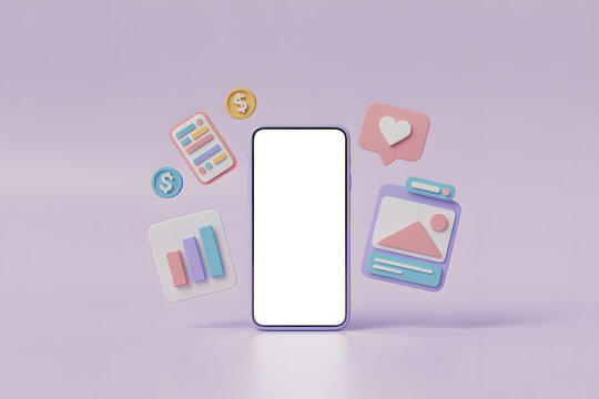 Modern smartphone mockup with blank screen and 3D floating social media business icons on pastel background