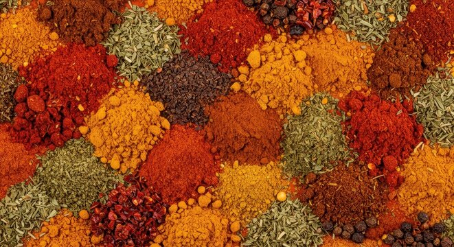 A colorful, textured mat created entirely from various ground and whole spices, including turmeric, paprika, chili powder, and dried herbs, ginger, paprika, seasoning