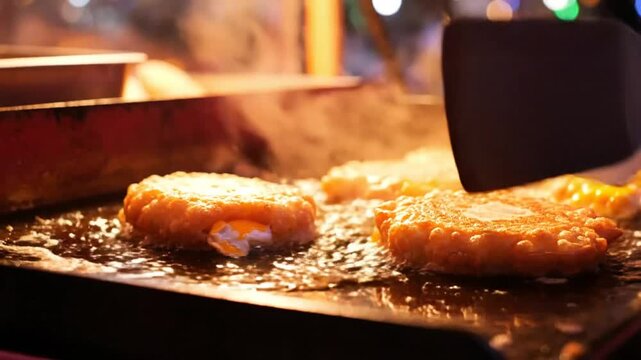 Close up of cheesy fried food sizzling on a hot griddle at a street food vendor stall at night