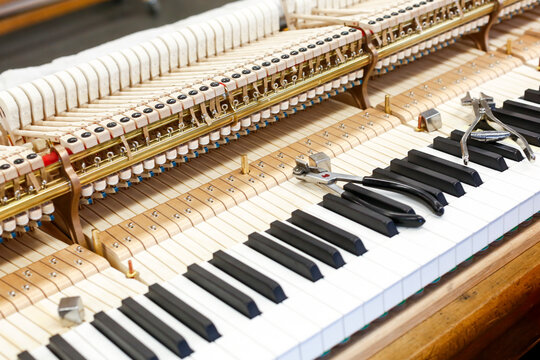 Piano keyboard with tuning lever and exposed action