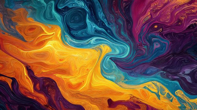 Abstract painting with swirling colors of yellow, blue, and purple in textured strokes.