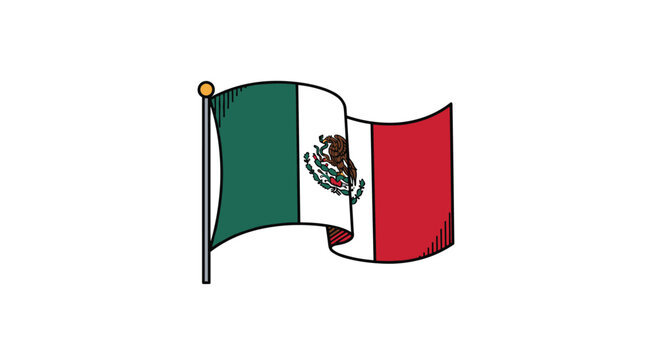National flag of Mexico with green, white, and red stripes and the central emblem waving on a pole for patriotic celebration.