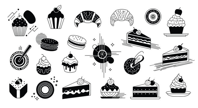 Large set of various black and white dessert icons including cupcakes, croissants, cake slices, and macarons in a minimalist vector style.