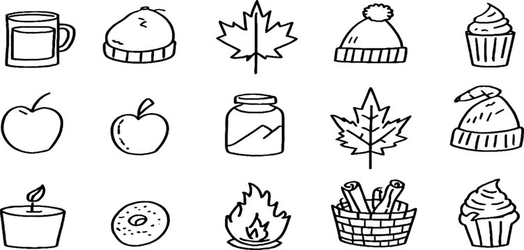 Simple lined autumn sticker sheet with apples maple leaves knit hats muffins and jars for fall planner layouts and craft design