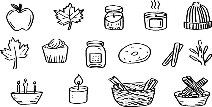 Assorted doodle style fall sticker sheet with apples maple leaves candles cupcakes donuts cinnamon sticks and baskets for seasonal crafts