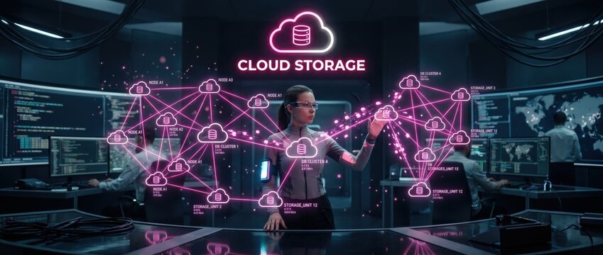 Woman interacts with holographic cloud storage network in futuristic data center