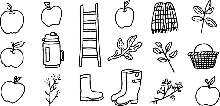 Hand drawn apple orchard sticker sheet with ladder plaid scarf and harvest elements for planner background and craft labels