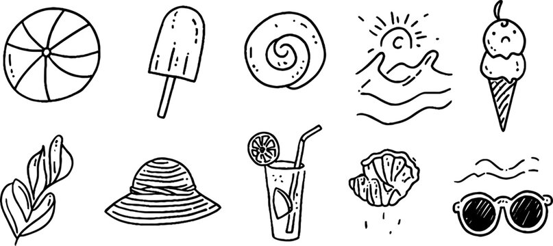 Hand drawn summer beach sticker sheet with outline icons of beach ball popsicle donut waves sun hat drink sunglasses for sticker design planner and scrapbook background