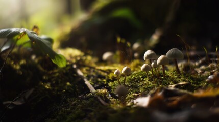Obraz premium acculturation. Mushrooms growing on forest floor among moss and leaves under sunlight. gardening catalogs, home-decor guides, designed for gardening and botanical catalogs, celebrates nature.