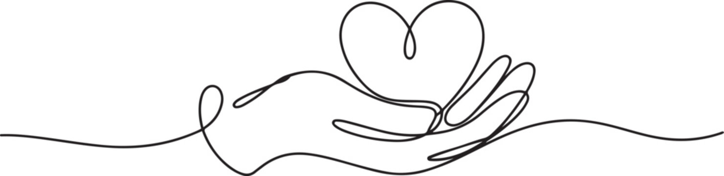 Heart in hand, continious line drawing. Love, charity, help, support outline. Vector illustration. one line Icon drawing