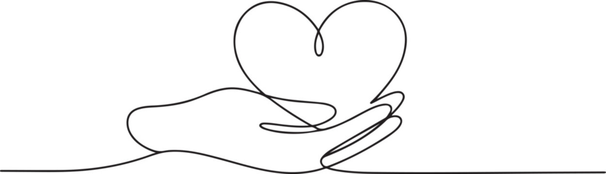 Heart in hand, continious line drawing. Love, charity, help, support outline. Vector illustration. one line Icon drawing