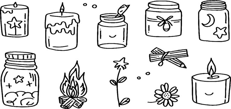 Hand drawn candle jar matchstick and campfire sticker sheet with flames flowers and moon accents for stickers scrapbooking and craft design