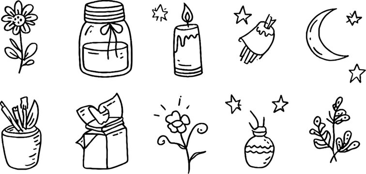 Hand drawn candle jar sticker sheet with stars moon flowers and wax elements for planner stickers scrapbooking and craft design