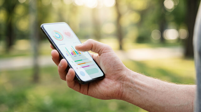 Person using health and fitness tracking app on smartphone outdoors