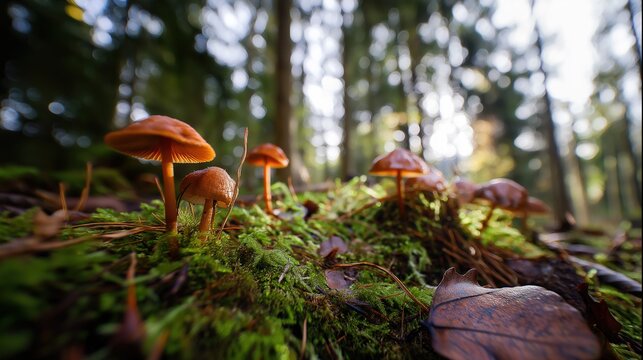 acculturation. Mushrooms growing on forest floor among moss and leaves under sunlight. gardening catalogs, home-decor guides, designed for gardening and botanical catalogs, celebrates nature.