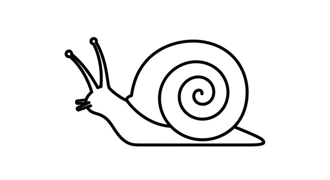 A simple black and white outline drawing of a snail with a spiral shell and antennae.