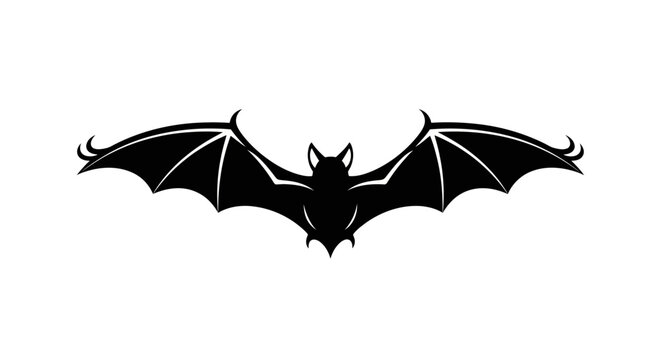 A stylized black silhouette of a bat with wide-spread wings, depicted in a symmetrical, front-facing view against a white background.