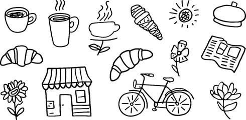 Naklejka premium Black outline sticker sheet of croissants coffee cups bicycle newspaper and floral doodles in a french cafe theme for planner stickers labels and scrapbook backgrounds