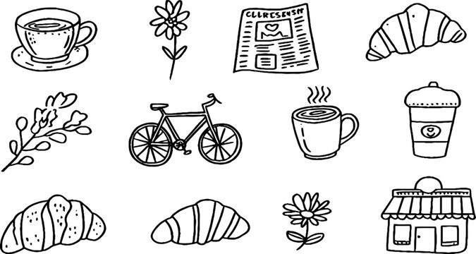 Hand drawn parisian cafe sticker sheet with croissants coffee cups newspaper bicycle and bakery icons for planner stickers labels and backgrounds