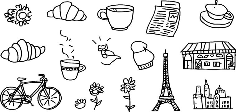 Paris cafe sticker sheet featuring croissants coffee cups newspaper bicycle beret and eiffel tower sketches for planner stickers labels background and scrapbook use
