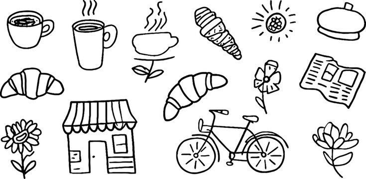Black outline sticker sheet of croissants coffee cups bicycle newspaper and floral doodles in a french cafe theme for planner stickers labels and scrapbook backgrounds