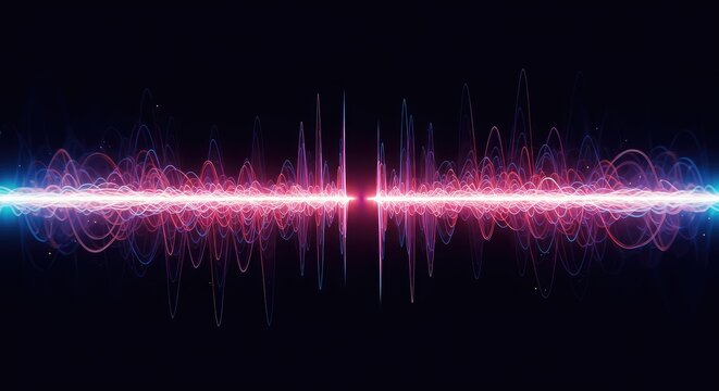 Abstract visualization of dynamic sound waves and frequency modulation using vibrant color gradients and intricate digital flow lines, Waveform, spectrum, background