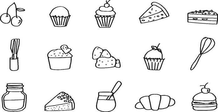 Hand drawn bakery sticker sheet with cupcakes croissants cake slices cherries and baking tools for planner sticker design and craft background