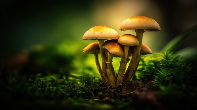 acculturation. Mushrooms growing on forest floor among moss and leaves under sunlight. gardening catalogs, home-decor guides, designed for gardening and botanical catalogs, celebrates nature.