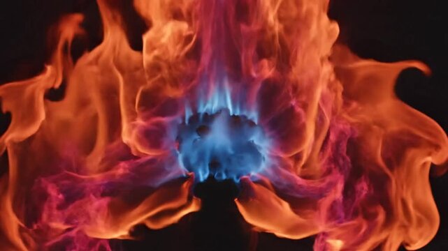 Mesmerizing close-up shot of vibrant orange and blue flames dancing against a dark background, creating dynamic movement