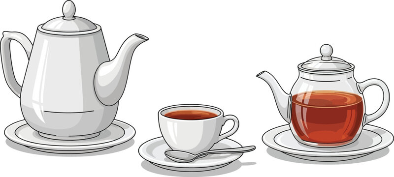 A white porcelain teapot and ceramic teacup with a hot green tea beverage are isolated on a saucer, featuring traditional kitchen crockery and china tableware for a healthy breakfast