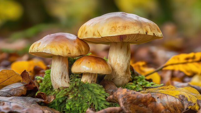 acculturation. Mushrooms growing on forest floor among moss and leaves under sunlight. gardening catalogs, home-decor guides, designed for gardening and botanical catalogs, celebrates nature.