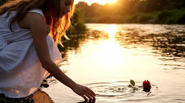 Young woman in white dress gently dips a vibrant red rose into a serene river at sunset with golden light reflecting on the water