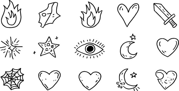 Hand-drawn black line icons of flame dagger eye star heart crescent for sticker sheet and craft design background