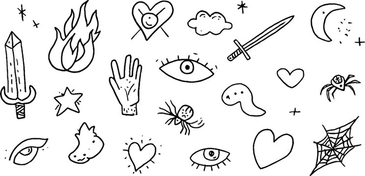 Hand drawn black line doodle sticker sheet with flames daggers eyes stars webs moons and hearts for planner stickers craft labels and printable sticker design elements