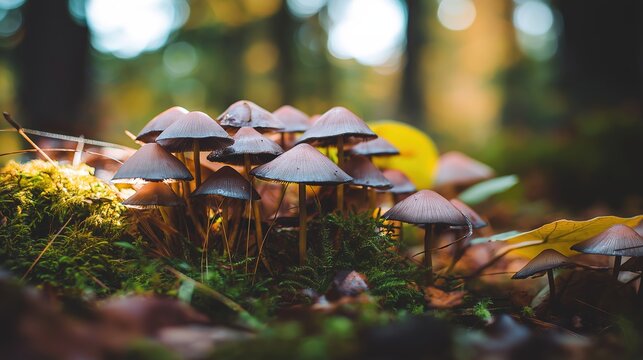 acculturation. Mushrooms growing on forest floor among moss and leaves under sunlight. gardening catalogs, home-decor guides, designed for gardening and botanical catalogs, celebrates nature.