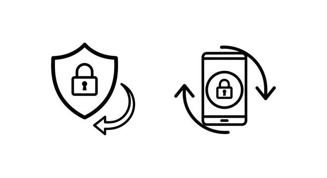 Two-step recovery and 2fa recovery icons showing shield with lock and mobile phone with lock and arrows recovery authentication verification security protection password information internet