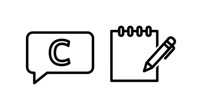 Speech bubble with letter c notepad with pen for annotation and note taking communication dialogue notebook sketching document information annotation illustration minimalist