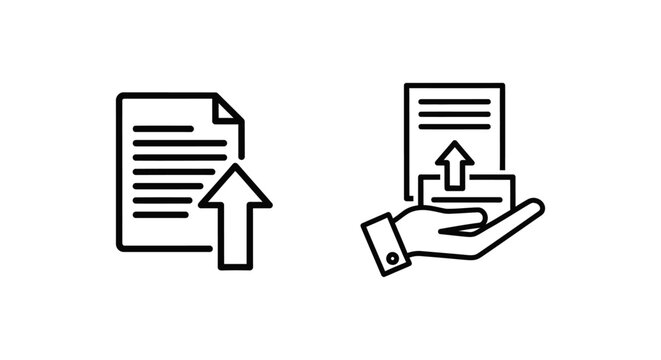Content submit and submit content icons with document and hand document information submission application uploading collaboration communication workflow technology business strategy