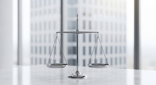 Close-up of a chrome balance scale representing justice in a modern office environment.