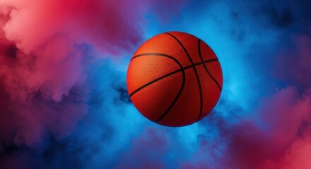 Obraz premium Vibrant orange basketball suspended in the air surrounded by thick swirling clouds of colorful pink, blue, and purple smoke, pink, conceptual, artistic