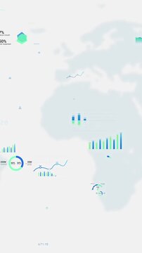 Business intelligence and financial performance analysis report on world map, random animated infographic bar chart, investment data analytic graph dashboard, corporate finance market statistics trend
