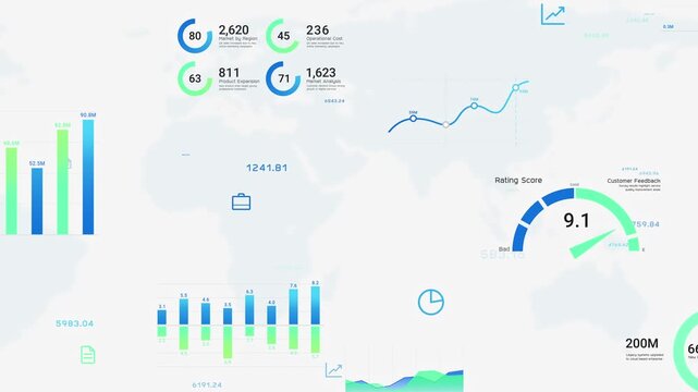 Business intelligence and financial performance analysis report on world map, random animated infographic bar chart, investment data analytic graph dashboard, corporate finance market statistics trend