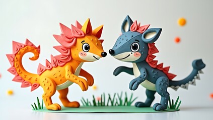 Naklejka premium Two Adorable Cartoon Dragons Smiling and Interacting Playfully.