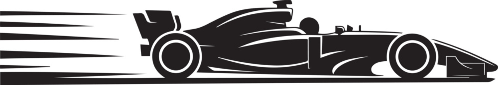 A Formula 1 car speeding down the track with motion lines, in a minimalistic silhouette style on a white background. Silhouette icon drawing vector