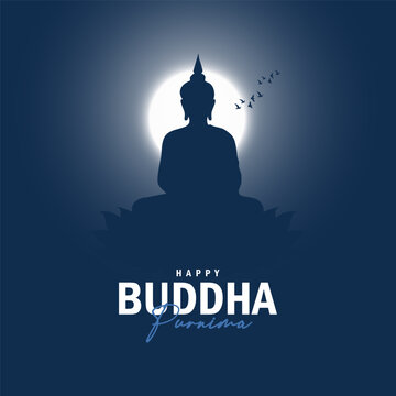 Happy Buddha Purnima greeting with Buddha silhouette and full moon Vesak Day social media post template with meditating Buddha silhouette and night sky