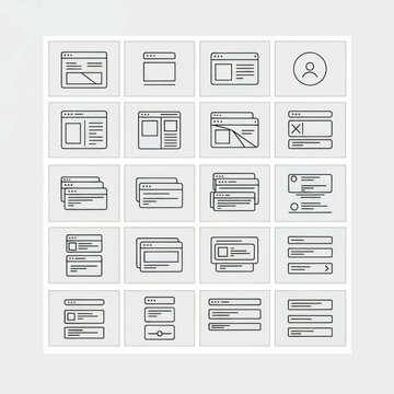 Collection of grayscale website wireframe layouts and UI components in a grid.
