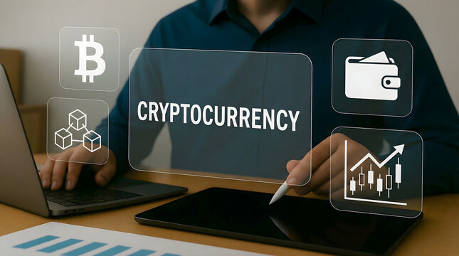 Cryptocurrency concept with digital wallet and blockchain finance investment analytics dashboard